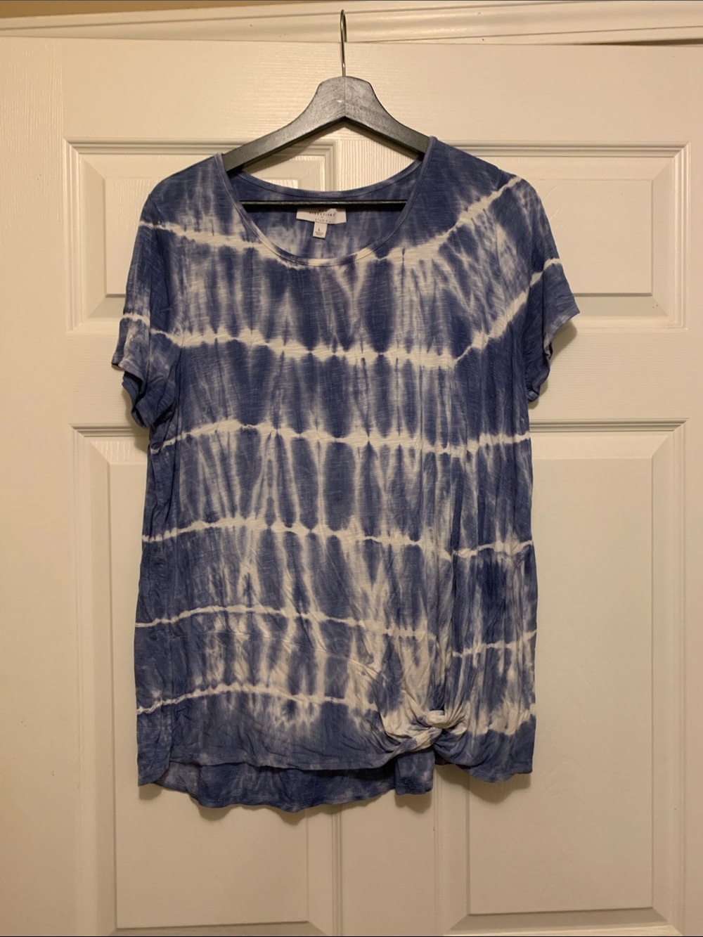 new directions Blue and White Tie-Dye Short Sleeve Top with Front Knot